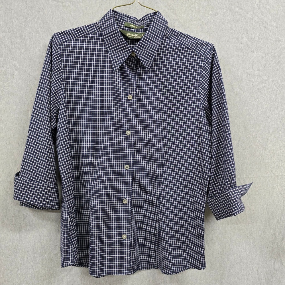 Eddie Bauer Womens Small Petite Navy Blue White Grid Stretch Button Down Shirt